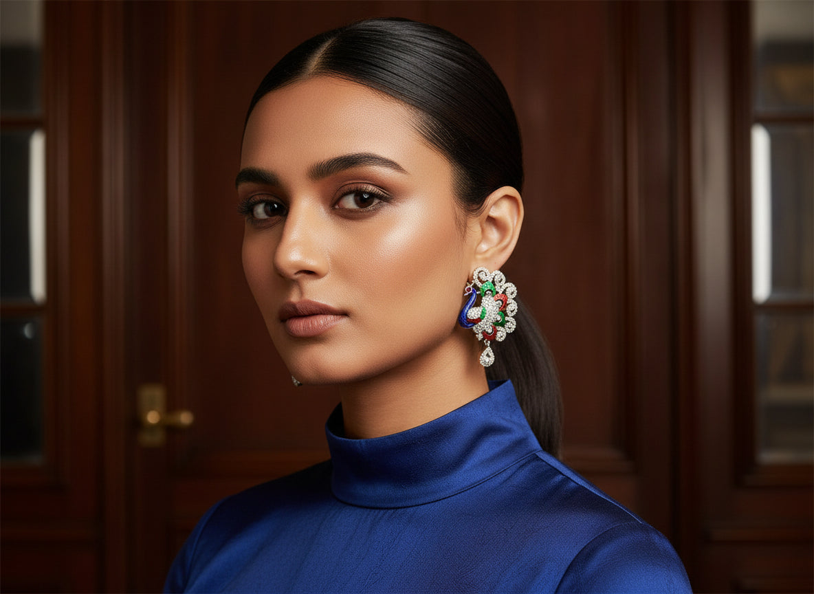 Silver polished earrings with vibrant green and red enamel accents, along with white AD stones sparkling embellishments. Pendant is focused to show the design.