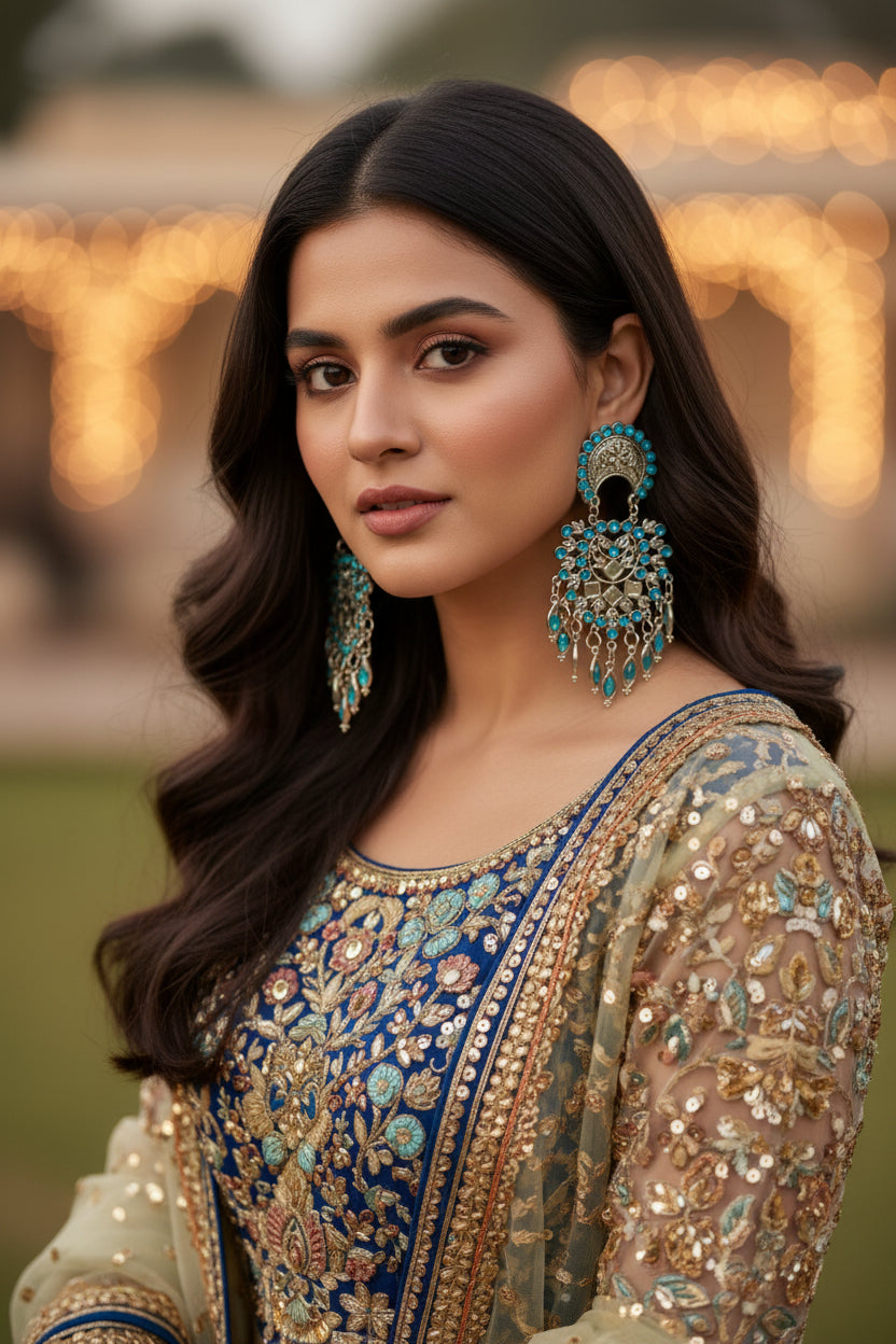 Sky blue oxidised statement earrings for Eid and wedding events
