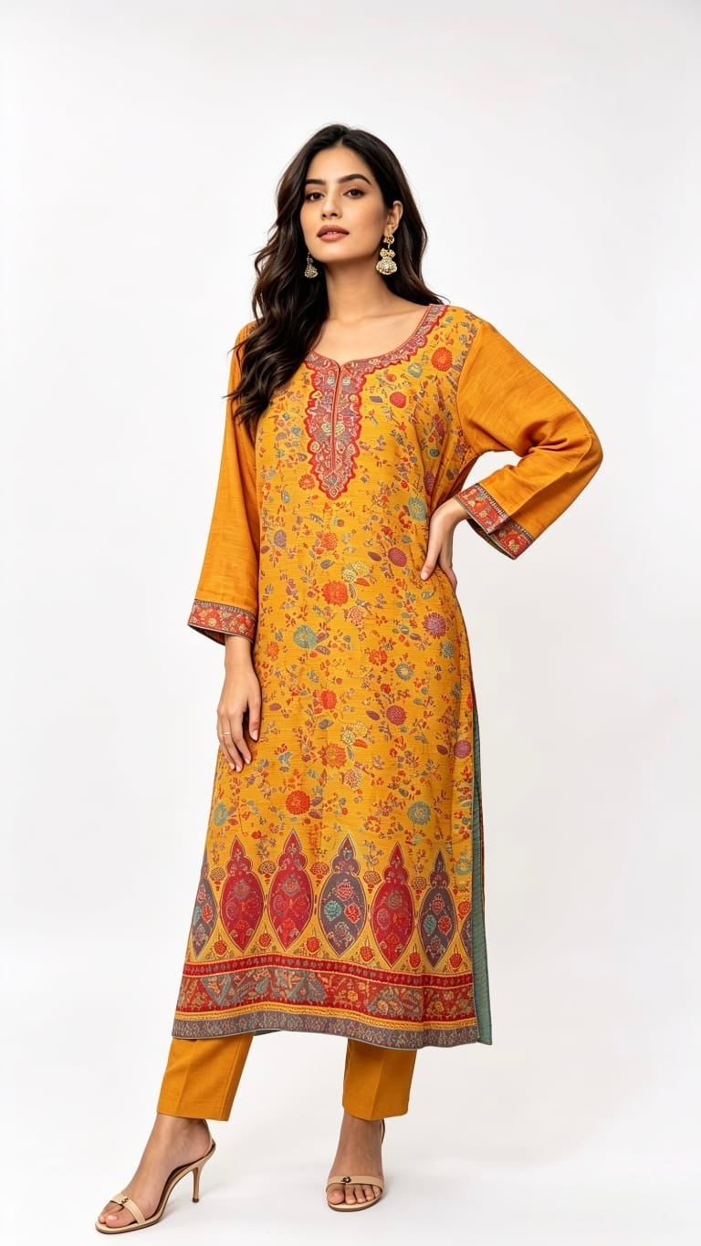 Small size model is wearing this mustard kanni silk dress with pure raw silk dress. 