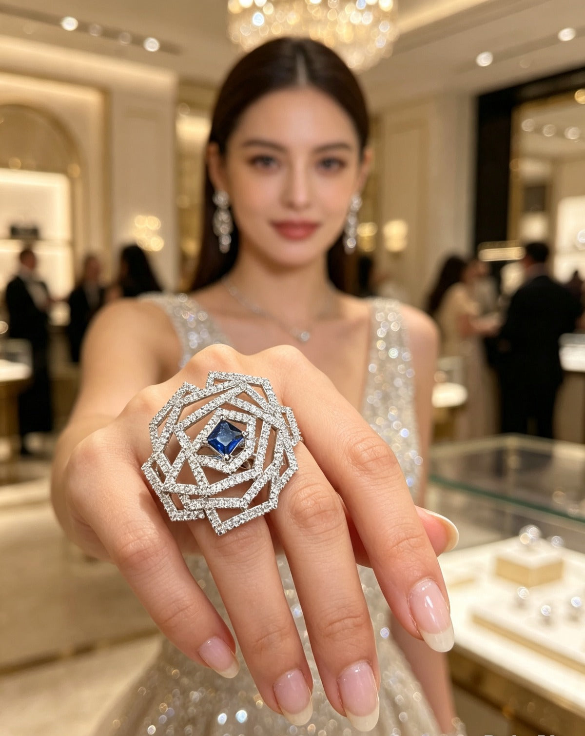 Elegant woman presenting a stunning statement ring featuring a square-cut blue centre stone, geometric diamond halo setting, and polished silver finish, displayed in a luxury jewellery boutique.