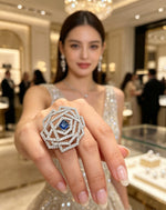 Elegant woman presenting a stunning statement ring featuring a square-cut blue centre stone, geometric diamond halo setting, and polished silver finish, displayed in a luxury jewellery boutique.