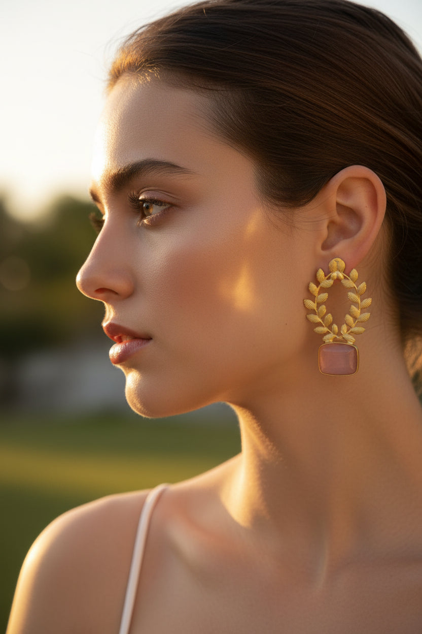 Statement earrings featuring an coral pink sugar stone with detailed floral carvings and golden accents.