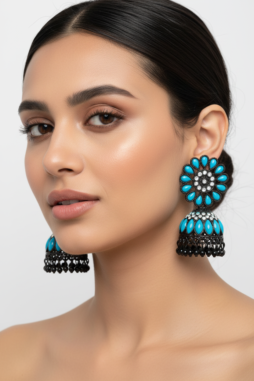 Model is wearing Stylish black brass jhumka earrings featuring a bold blue floral stone stud and matching blue stone accents on the jhumka base.