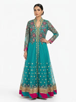 Teal Anarkali suit with floral embroidery on a white background