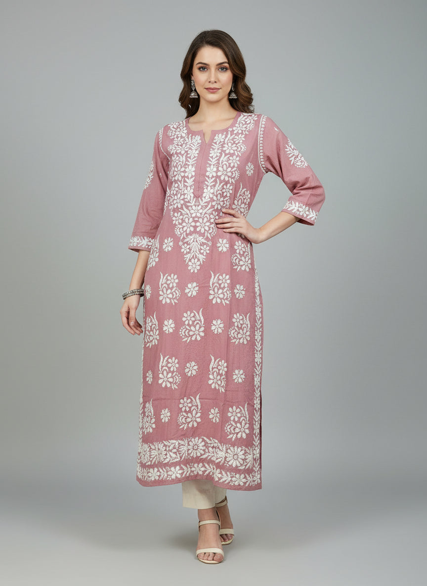 Teal Pink colour modal fabric 46 inches long kurti with white hand embroidery on all over the kurti and sleeves. 