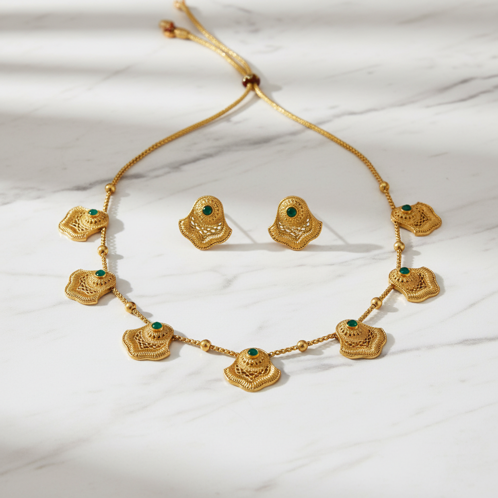 The Antique gold brass metal necklace and stud earrings with emerald green central stones. 