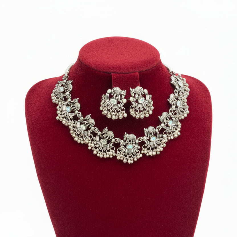 The Elephant figurer Oxidised Silver toned necklace and earrings Jewellery set. 