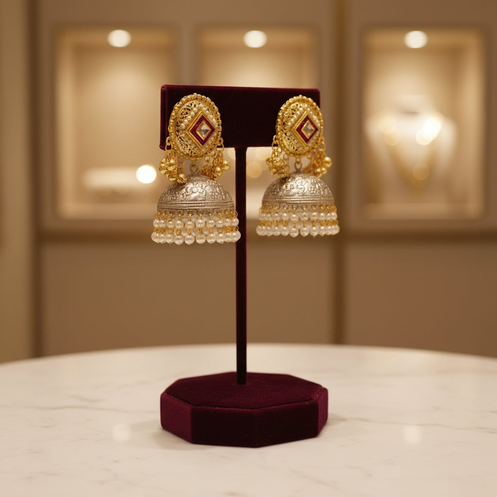 TheGold stud with oxidised dome in the bottom and nano pearls double line hanging pearls jhumka earrings and pearl earrings on display in a jewellery store with 'Famaza Couture branding.