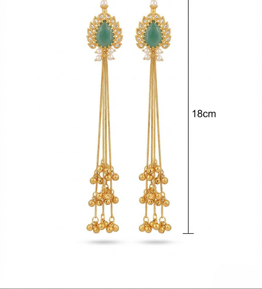 The Green stone 18.5cm drop length long earrings with golden nano bells hanging in the bottom. 