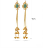 The Green stone 18.5cm drop length long earrings with golden nano bells hanging in the bottom. 