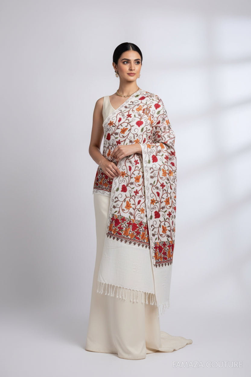 The Kashmiri embroidery maple design with multi colour thread machine embroidery by famaza couture. 