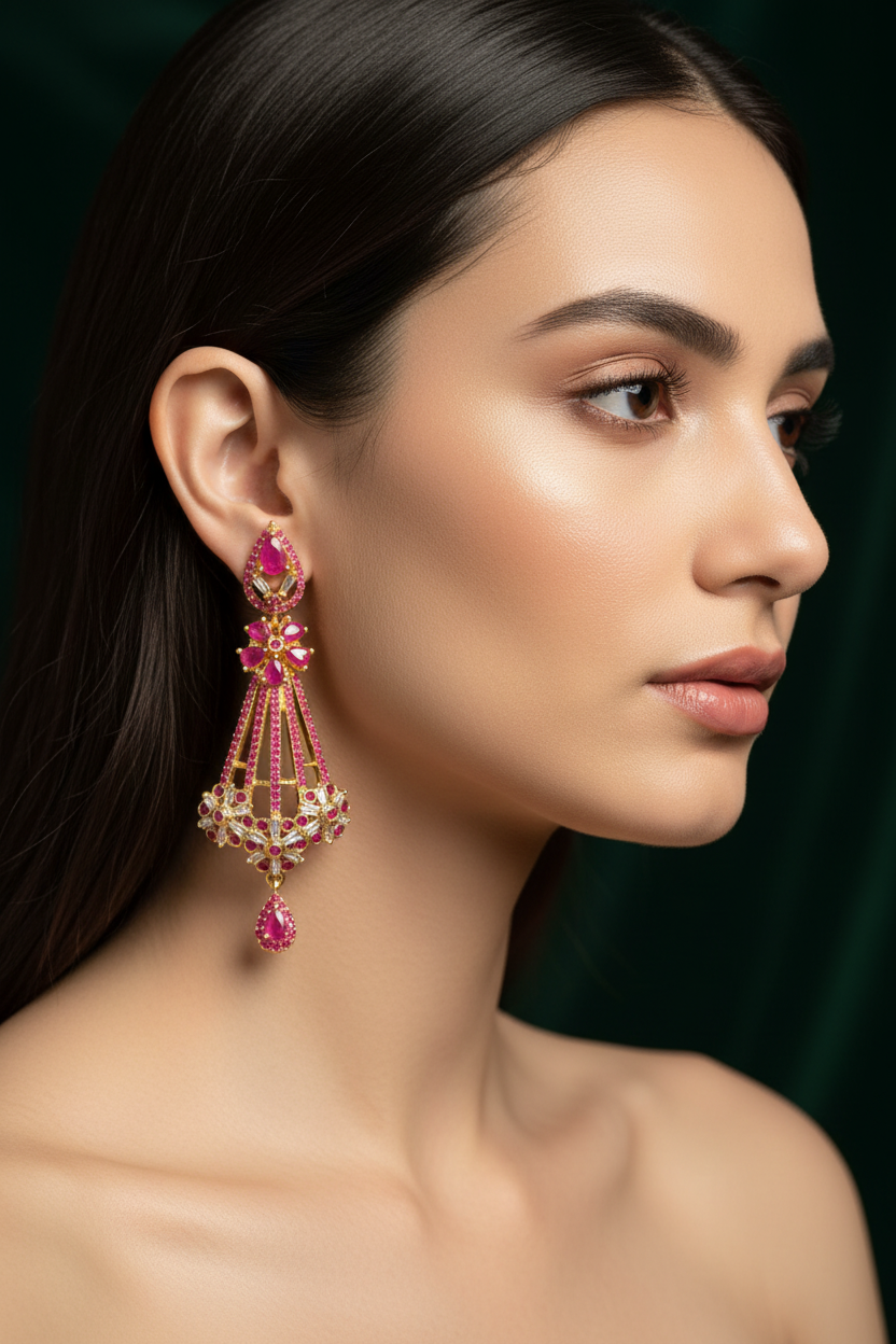 Meera Luxury Ruby Pink & White CZ Marquise Drop Earrings