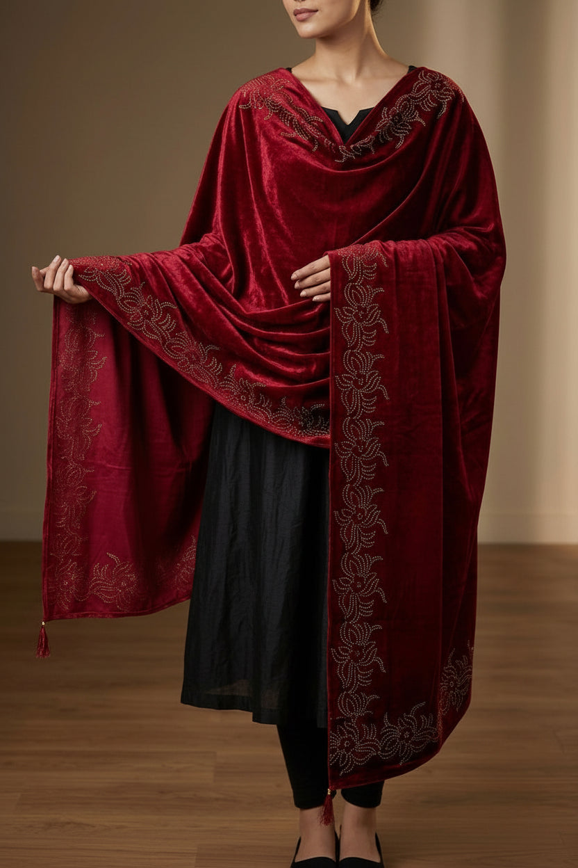 The Maroon colour velvet stole with golden stones work all over the stoles.