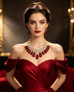 Luxury ruby red teardrop statement necklace and earring set, vibrant red pear-shaped gemstones with brilliant CZ crystal accents, elegant jewelry worn by model in red gown, perfect for weddings, receptions and grand festive occasions.
