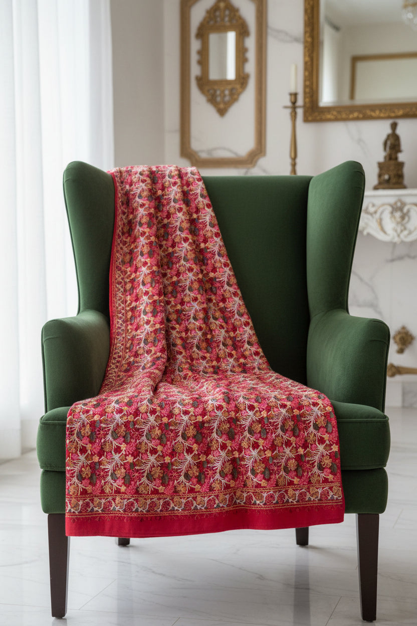 The Red floral-patterned shawl with Famaza Couture' branding.