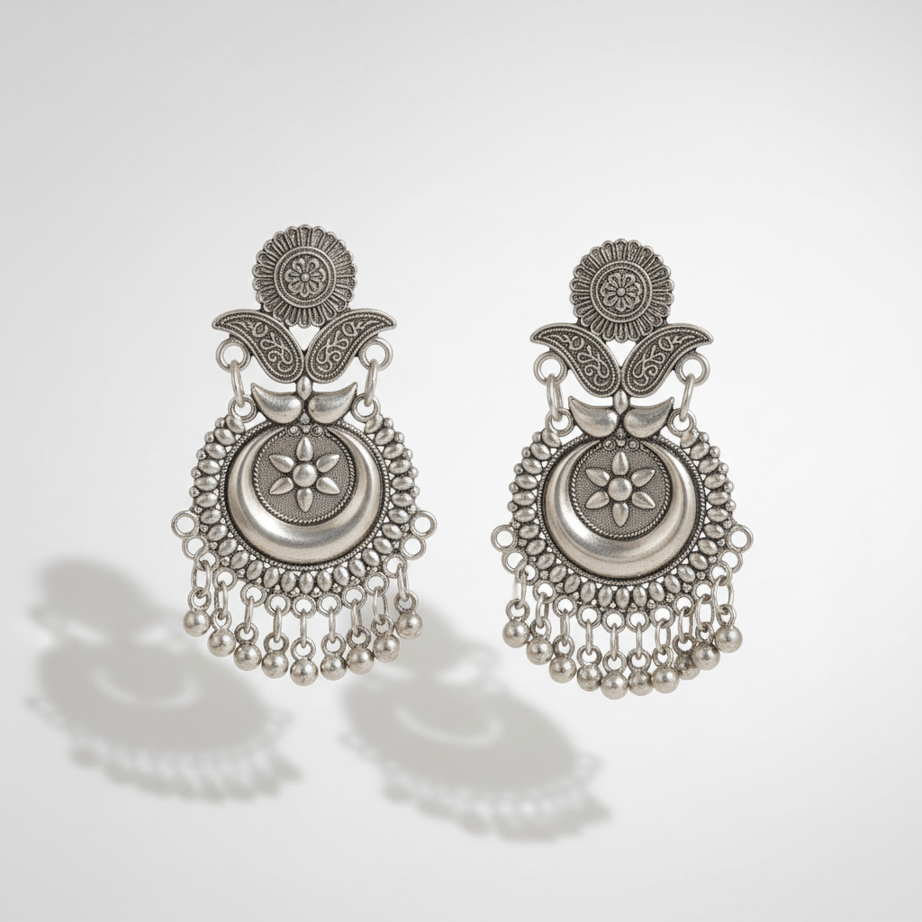 A pair of ornate silver-toned traditional earrings with intricate filigree, circular medallions, and dangling bead chains, displayed on a light gray background with soft shadows.