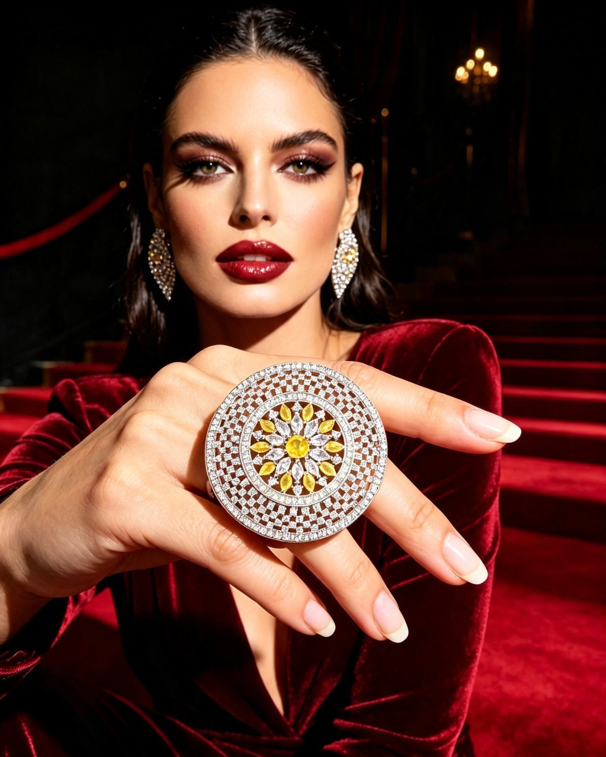 The Solstice Imperial American Diamond Cocktail Ring Front View - Famaza Couture