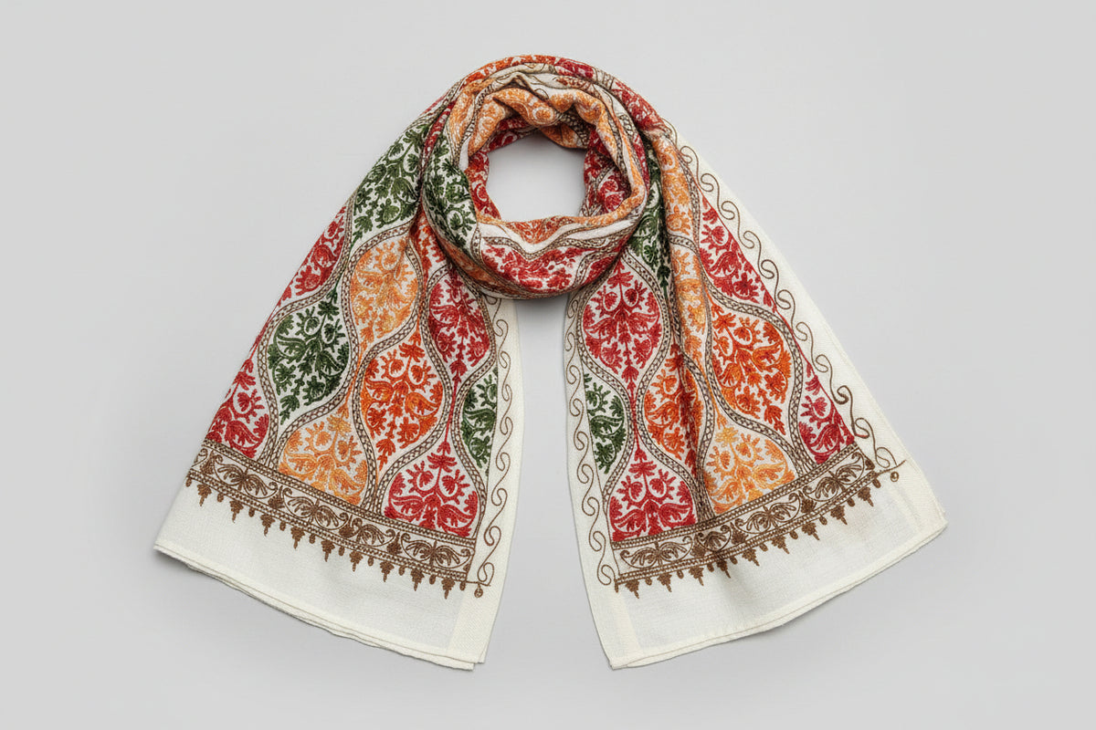 The White base colour Kashmiri embroidered Scarf/shawlwith multi colour machine embroidery by Famaza Couture