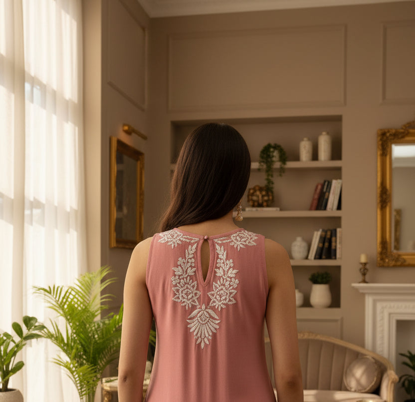  The back view of the Chikan Kari kurti, featuring a streamlined silhouette and delicate embroidery accents.