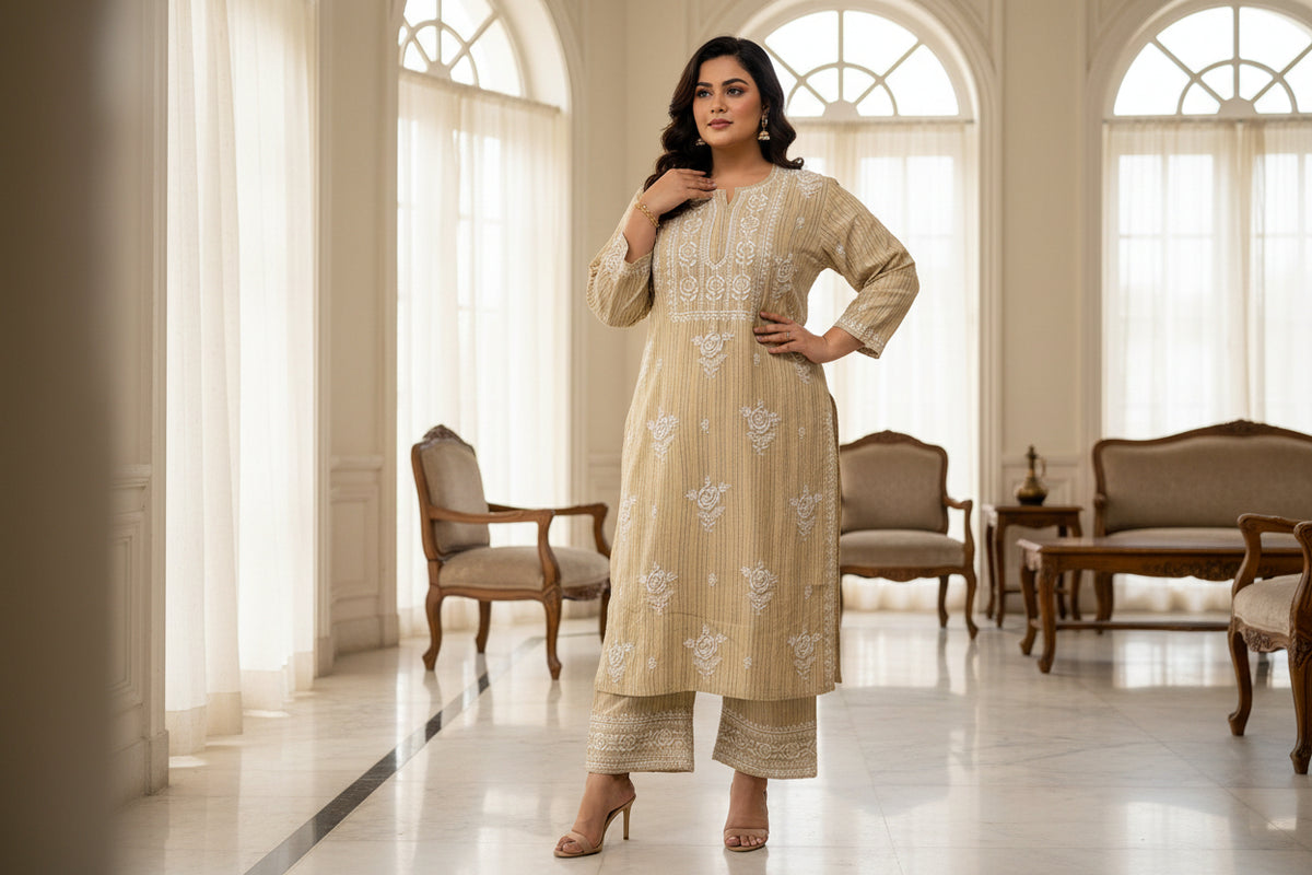 The beige colour traditional Lucknowi chikankari kurti with white floral patterns and palazzo pants. 2Pcs women dress by Famaza Couture. 