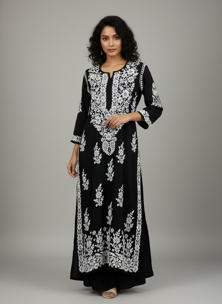 The black colour modal fabric white chikankari embriodered long kurti 