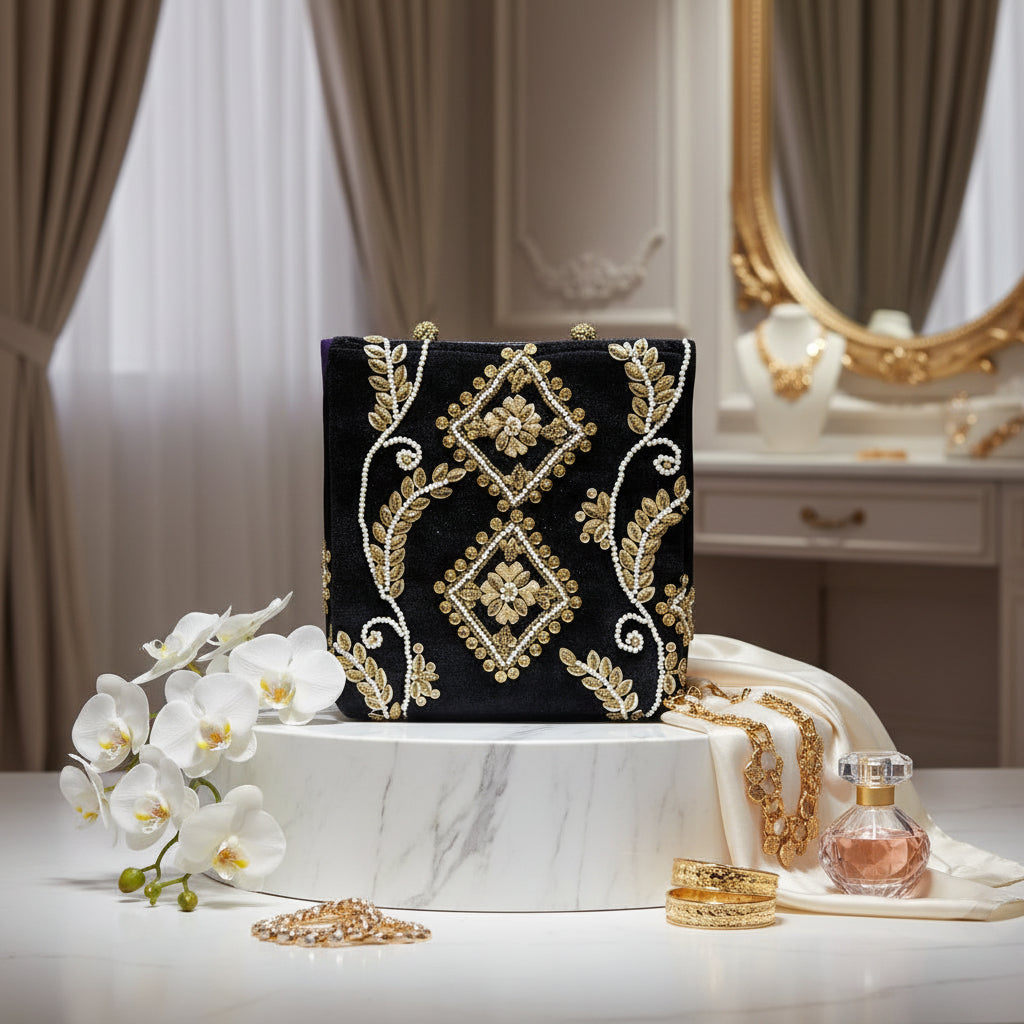 The black velvet tote bag with gold and white floral hand embroidery and beaded details.