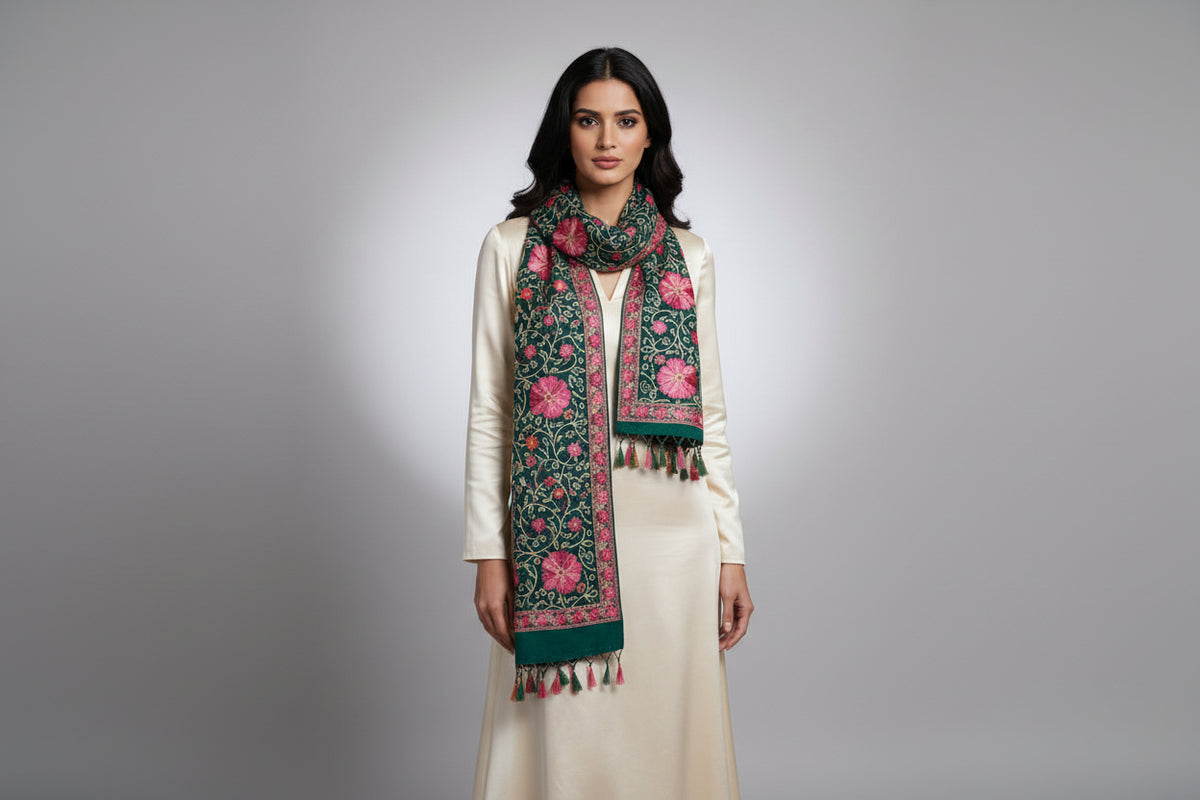The bottle green Kashmiri embroidered pashmina scarf with tassels hanging at the ends, displayed on a wooden surface.