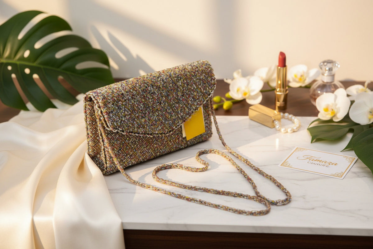 The clutch bag with a light base covered in multi-coloured nano glass beads, displayed on a wooden surface surrounded by green leaves.