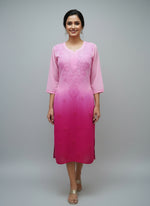 The double shaded in magenta colour long kurti in shades of with tone to tone floral hand embroidery.