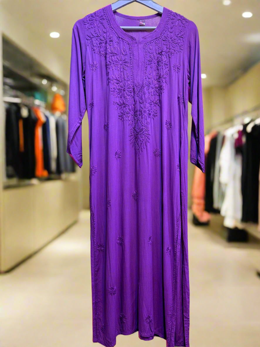 The double shaded in purple colour long kurti in shades of with tone to tone floral hand embroidery.