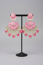 The enamel painted pink colour Pair of earrings displayed on a stand. 
