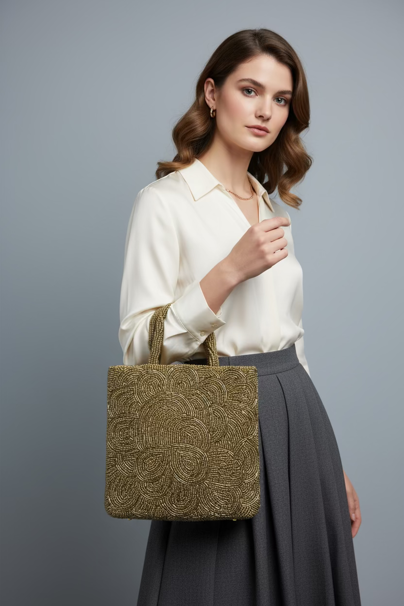 The gold circular handcrafted tote bag with glass beads embroidered on it, displayed against a dark background.