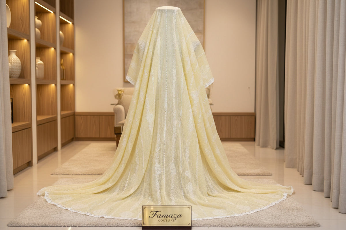 The lemon yellow colour handcrafted Kota Doriya Chikankari duppata with white thread Hand-embroidered duppata by Famaza Couture. 