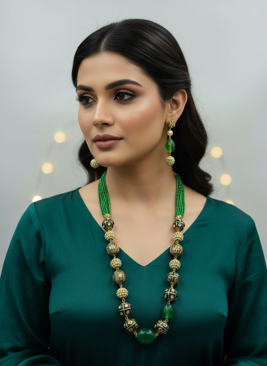 The luxury Tanjore Art Meenakari bottle green beaded Mala Set, featuring a regal bridal necklace and matching earrings with bottle green and gold details.