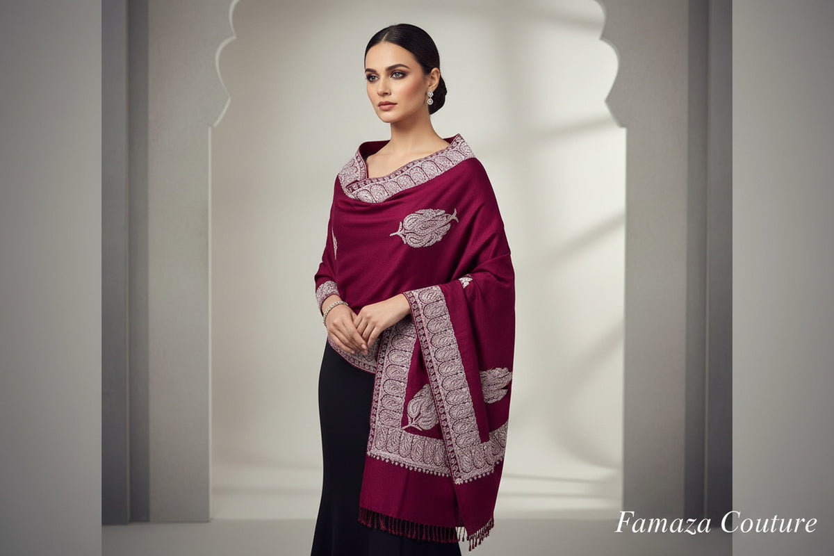 The maroon colour Kashmiri embroidered pashmina shawl with tassels on the ends, displayed on a wooden surface.