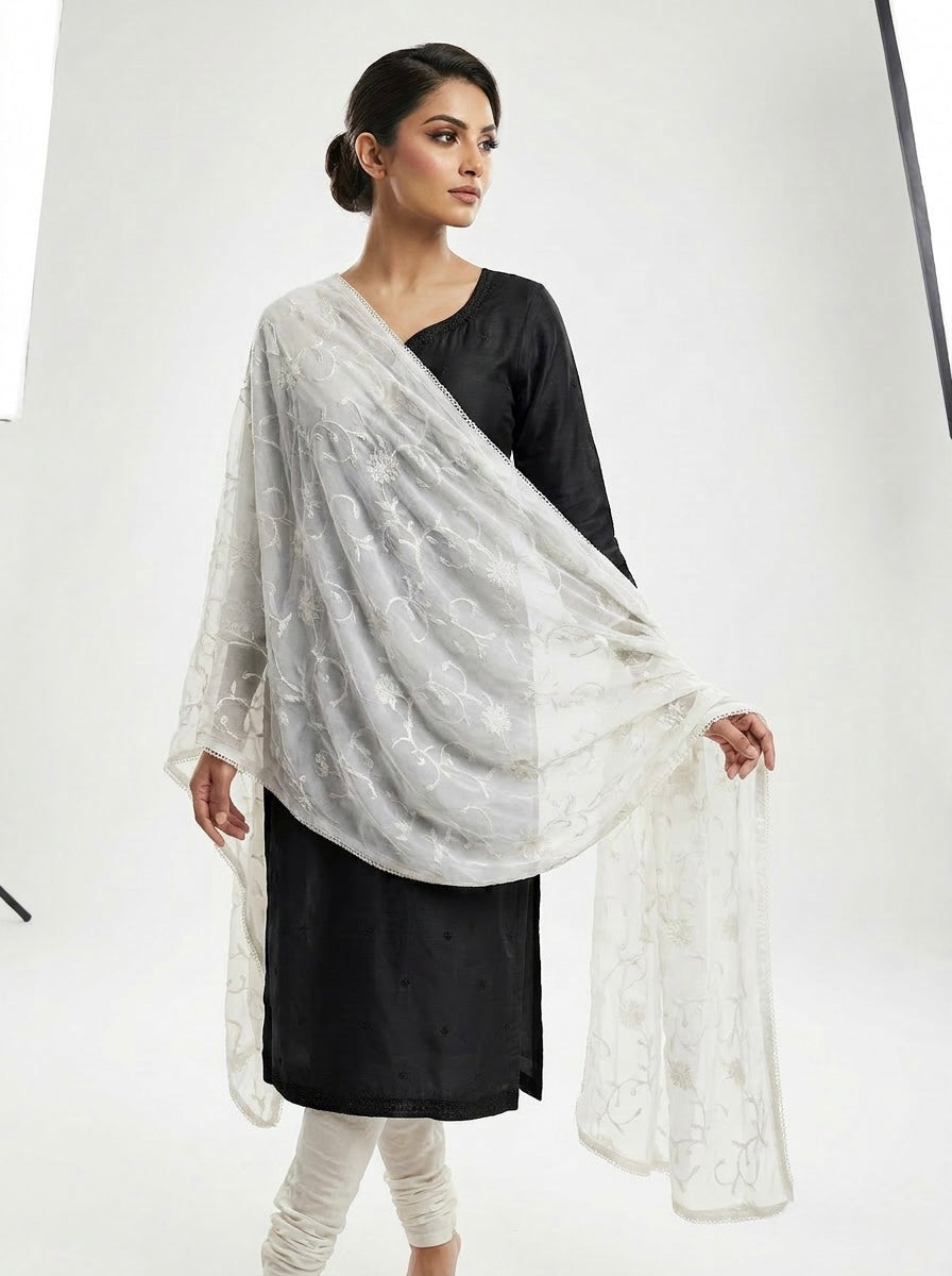The model is displaying the white chiffon dupatta with Kashmiri aari jaal embroidery all over the dupatta.