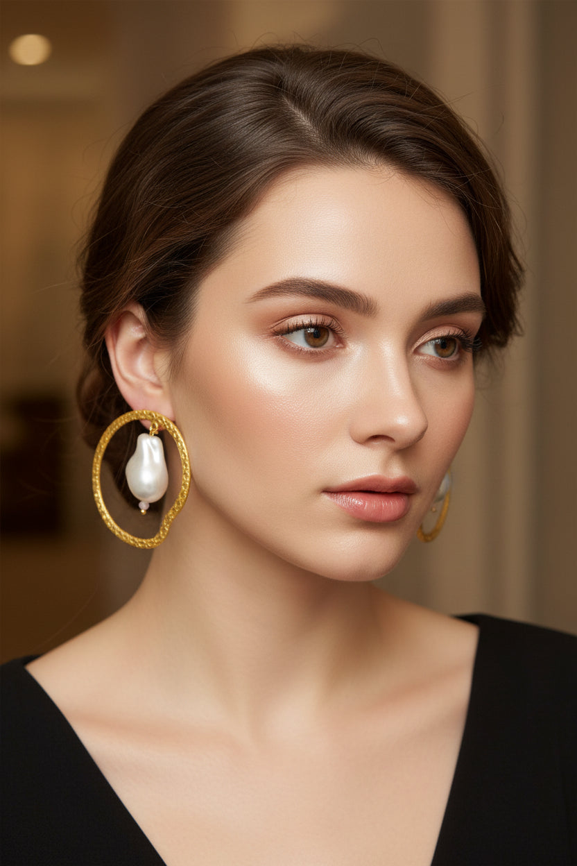 The model is wearing gold hoop earrings with mother of pearls hanging freely in the middle of the hoop