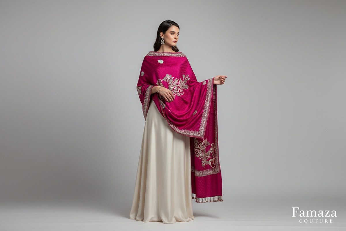 The pink Kashmiri Aari embroidered marina scarf with tassels hanging at the ends, displayed on a wooden hanger with greenery in the background.