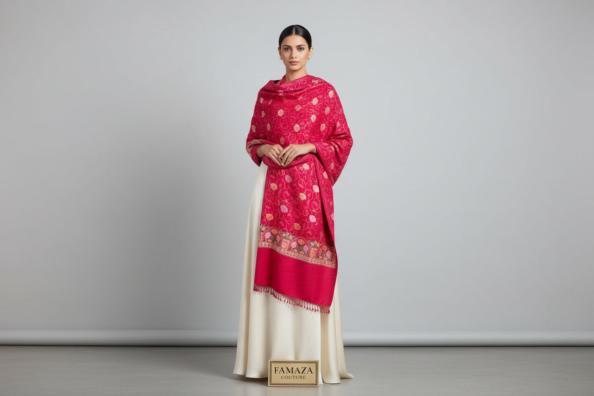 The pink Kashmiri embroidered pashmina scarf with a floral pattern and tassels along the edges.