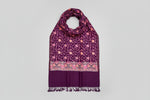 The purple Kashmiri embroidered pashmina scarf with a floral pattern and tassels along the edges.