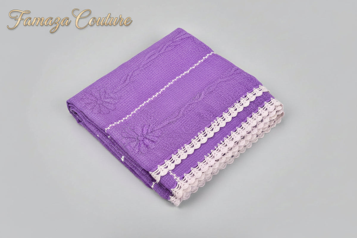 The purple base colour with same purple colour thread hand embroidered Kota Doriya Chikankari duppata with white thread Croatia work in joining panels and all four sides white thread Croatia work duppata by Famaza Couture. 