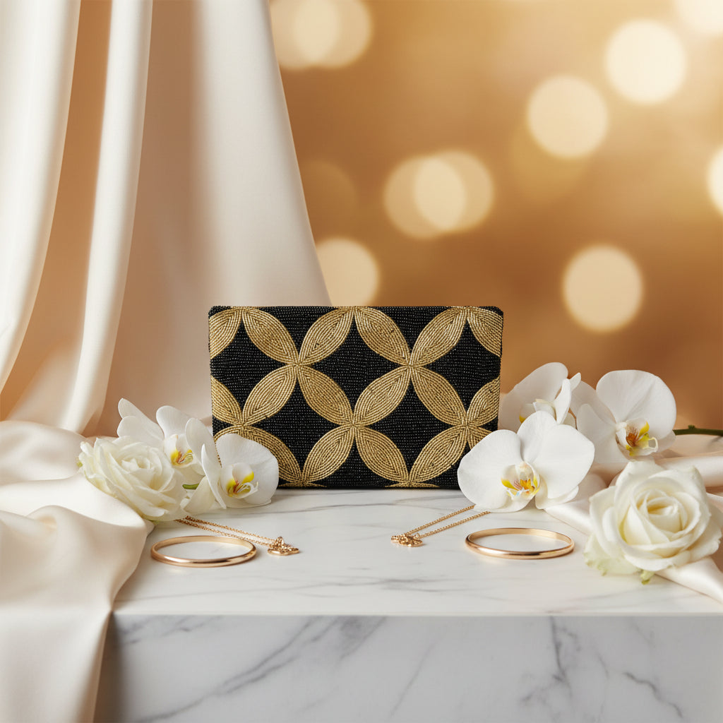 The rear view of this clutch bag with a geometric pattern of gold and black stars on a dark background, placed on a wooden surface, with a few green leaves scattered around.