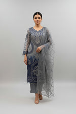 The side view and showing sleeves work of Net fabric in grey and navy blue two tone 3pcs Pakistani dress with hand embellishments on all over kurti and dupatta with plain grey silk straight trousers .