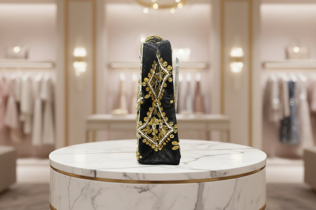 The side view of a black velvet tote bag with gold and white floral hand embroidery and beaded details.