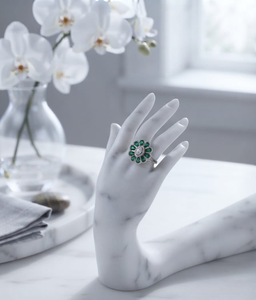 The silver ring with a green and white floral cluster setting, displayed on a white marble hand-shaped mannequin. The scene is set on a white marble table with white orchids in a glass vase in the background.