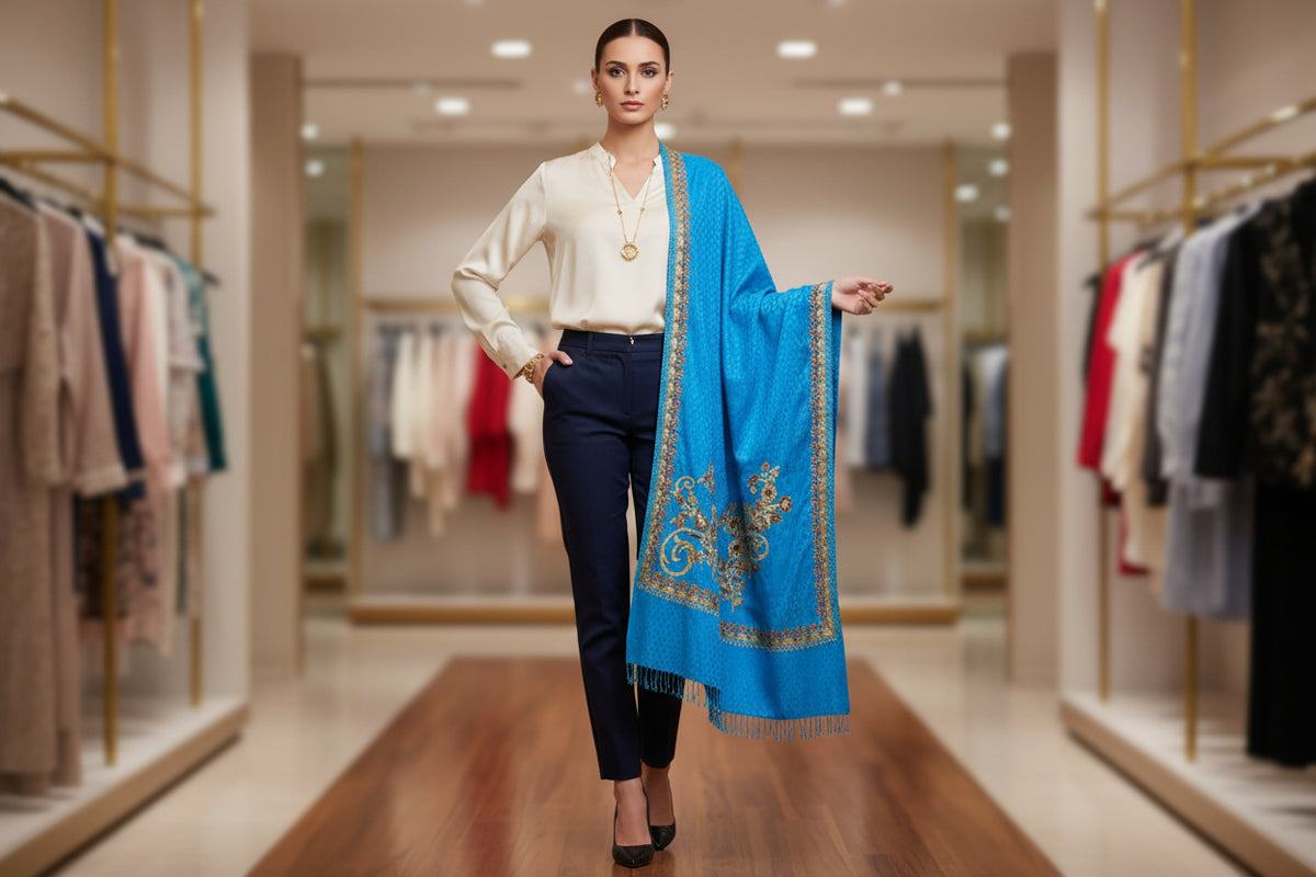 The sky blue Kashmiri Aari embroidered marina scarf with tassels hanging at the ends, displayed on a wooden hanger with greenery in the background.