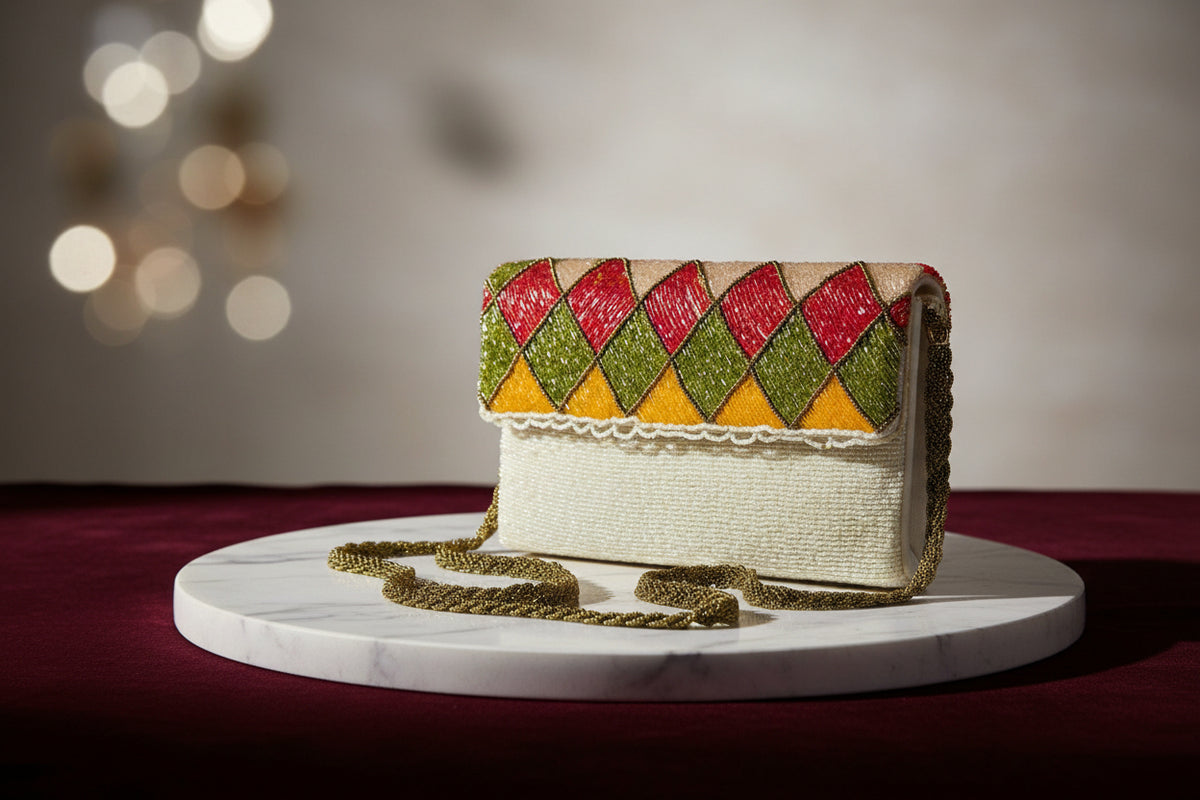 The white clutch bag with multi-coloured nano glass beads patterns, hand embroidered, displayed outdoors. Famaza Couture 