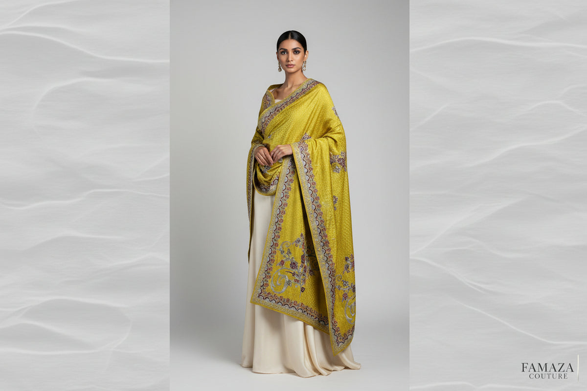 The yellow Kashmiri Aari embroidered marina scarf with tassels hanging at the ends, displayed on a wooden hanger with greenery in the background.