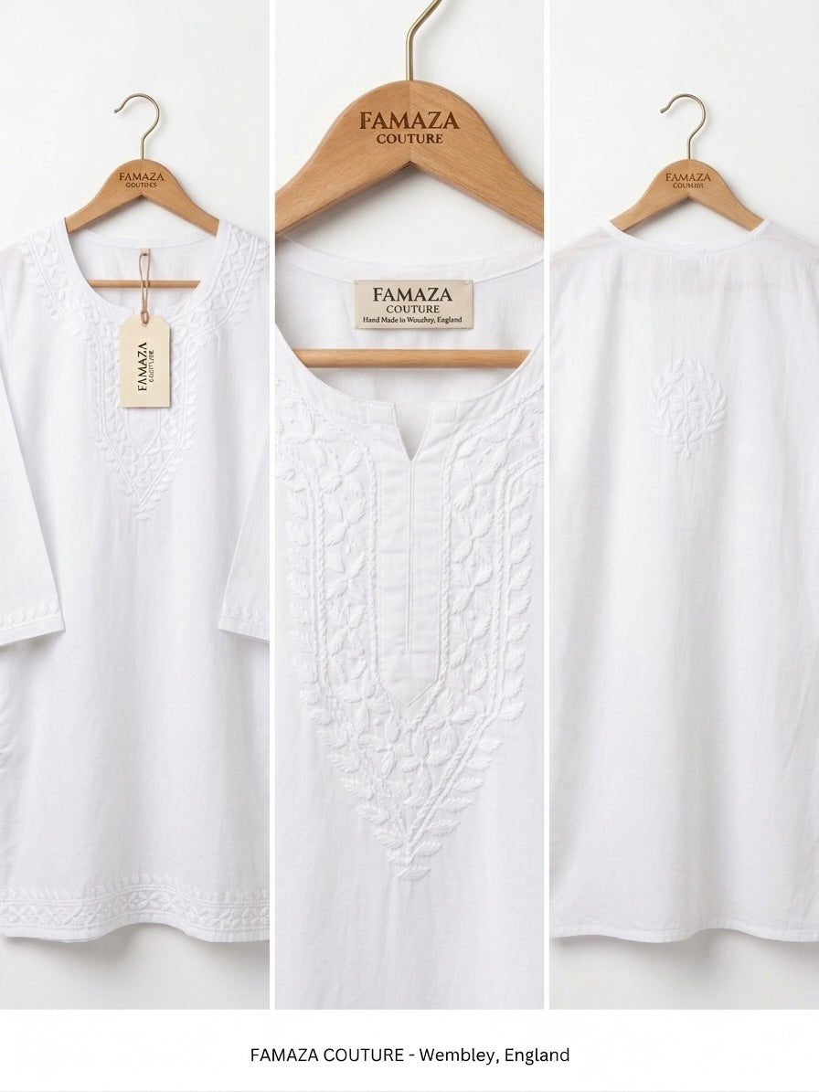 Three views of a white embroidered tunic top on wooden hangers, showing the front, back, and neckline details. The brand name 'FAMAZA COUTURE' is visible on the hangers and hangtag.