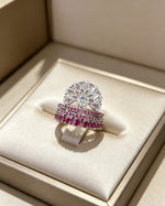 Fan Halo Tiered Ring with white crystal fan halo and silver & fuchsia pink multi-tiered band, luxury designer jewelry presented in elegant cream satin-lined gift box.